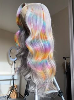 Long Wavy Platinum Blonde with Rainbow Highlights Wig - Zelda001 White And Rainbow Hair, Rainbow Wigs For Black Women, Gray Wigs For Black Women, Coloured Wigs, Customized Wigs, Wigs Colorful, Weave Ideas, Drag Hair, Pretty Wigs