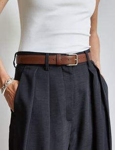 Essential brownleather belt with silver metal buckle fastening . 100% genuine leather 37"L x 1"W One size Black Pants Brown Belt, Brown Belt Outfit Women, Silver Belt Outfit, Brown Belt Outfit, Outfit With Belt, Double Wrap Belt, Leather Belt Women, Old Money Summer, Belt Outfit