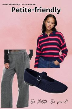 Business casual petite outfit featuring striped polo shirt, grey tailored wide pants and sustainable flat shoes. (Use code VKRISTINE). #checkmodesensbeforeyoubuy #findwithmodesens #stylegoals  | Weari Business Casual Petite, Navy Blue And Pink, Striped Polo Shirt, Wide Pants, Petite Outfits, Flat Shoes, Business Casual