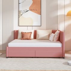 a pink daybed in a white living room