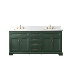 a green bathroom vanity with two sinks and gold faucets on the counter top