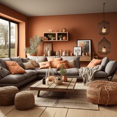 a living room filled with lots of furniture next to a large window on top of a hard wood floor