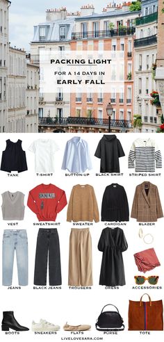 An Early Fall Packing List - livelovesara Light Layers Fall Outfit, Layering Travel Outfits, Packing Light Japan Fall, Autumn Travel Outfit Packing Light, Fall Time Capsule Wardrobe 2023, Travel Outfit Italy Fall, Two Week Capsule Wardrobe Fall, How To Pack Light For Europe In The Fall, Two Week Trip Outfits