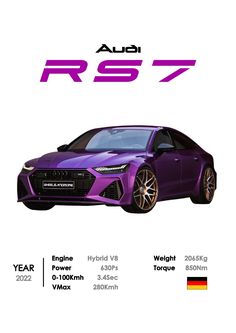 an advertisement for the new audi rs7, which is purple with gold rims