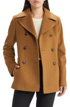 Combine confidence with comfort when you choose this six-button modern peacoat. This softly sculpted silhouette features a Martingale belt in the back and is crafted from Italian wool which has a luxurious touch and feel. Details include a face-framing notched collar, Italian handcrafted buttons, top stitch detailing and a center back vented hem. 29" length (size 8) Double-breasted button closure Notched lapels Front flap pockets Martingale belt Lined 100% wool Dry clean USA Fitted Wool Peacoat With Button Closure, Structured Wool Pea Coat With Double-breasted Buttons, Classic Button-up Pea Coat With Double Button Closure, Wool Peacoat With Double-breasted Button Fastening, Tailored Long-sleeve Peacoat With Button Closure, 70 Outfits, Tailored Coat, Casual Bottoms, Wool Peacoat