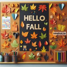 a bulletin board with autumn leaves on it