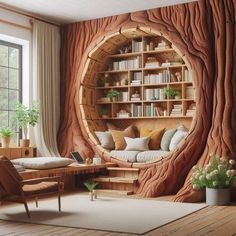 a living room filled with furniture and a large tree trunk wall mural on the wall