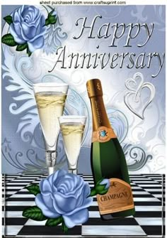 happy anniversary card with champagne and roses