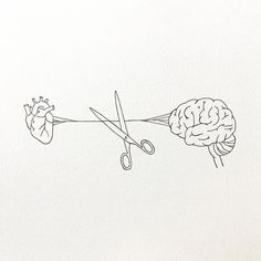 a pair of scissors cutting through the side of a drawing of a human heart and brain