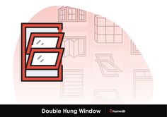 the double hung window is shown in red and white, with an image of windows behind it