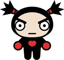 an image of a cartoon character with big eyes and horns on her head, looking angry