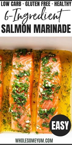 salmon fillets in a white baking dish with herbs on top and the title overlay reads low carb gluten free healthy & ingredient