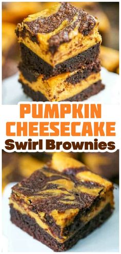 pumpkin cheesecake swirl brownies stacked on top of each other with the title in the middle