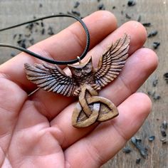 vkngjewelry Pendant Unique Wood Barn Owl and Triquetra Pendant Barn Owl Necklace, Triquetra Pendant, Natural Magic, Cycle Of Life, Celtic Art, Owl Necklace, Owl Pendant, Wood Carvings, Ancient Symbols