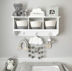 a baby's room with a crib, teddy bear and other items on the wall