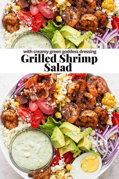 grilled shrimp salad with creamy green goddess dressing and avocado ranch dressing on the side