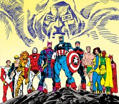 an old comic book cover with many superheros in front of the viewer's face