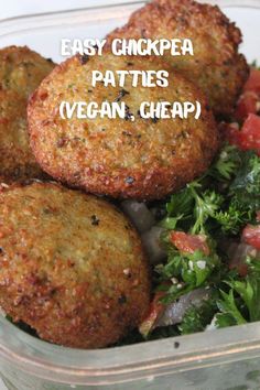 easy chickpea patties with veggies in a glass container on a table