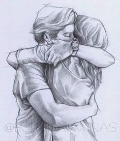 a pencil drawing of two people hugging each other with their arms around one another and looking into the distance