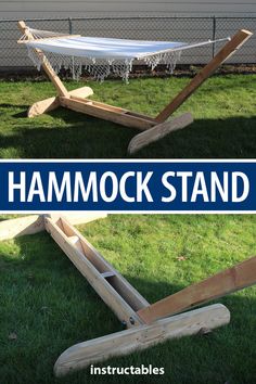 a hammock stand made out of wooden planks in the grass with text overlay reading, how to build a hammock stand