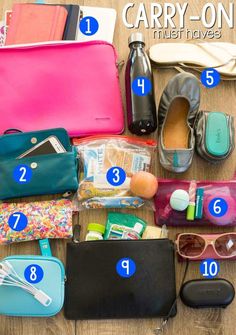 the contents of a purse laid out on top of a wooden table with text that says carry - on must haves