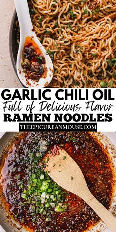 garlic chilli and ramen noodles in a skillet with the title text overlay