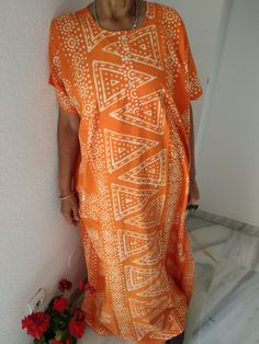 Orange cotton kaftan Long Printed Beach Dress For Beach Cover-up, Printed Flowy Kaftan For Beach Cover-up, Casual Summer Thobe With V-neck, Casual Beach Kaftan In Free Size, Casual Beach Kaftan Free Size, Long Printed Beach Dress Cover-up, Long Printed Beach Dress For Cover-up, Casual Free Size Beach Kaftan, Orange Printed Maxi Dress Beach Cover-up