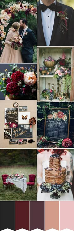 a collage of different wedding colors and themes in shades of red, pink, purple, green