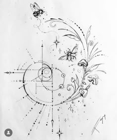 a black and white drawing of a sun with butterflies on it's face, surrounded by stars