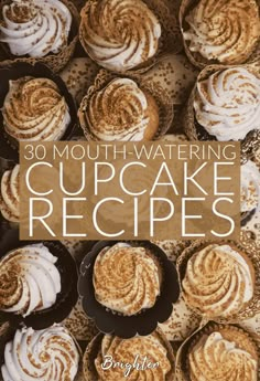 the cover of 30 mouthwatering cupcake recipes, with lots of frosting on top