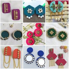 many different types of earrings and necklaces are shown in this collage, including one with