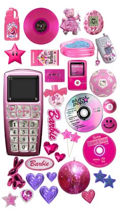 a pink cell phone surrounded by assorted items such as cds, cd's and stickers