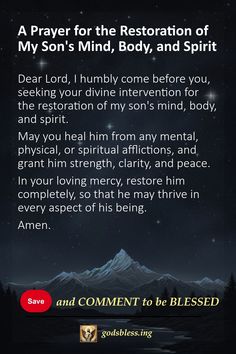 A Prayer for the Restoration of My Son's Mind, Body, and Spirit Christmas Readings, Family Curses, Pray For Leaders, Prayer For Son, Family Prayers, Praying Woman, Prayer For My Son, Prayer For My Family