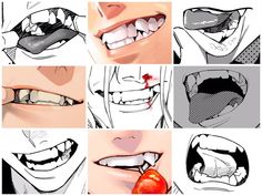 an anime character's mouth and teeth are shown in four different angles, including the tongue