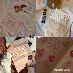 letters and envelopes are being displayed on the bed