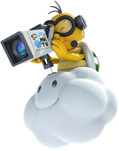 a cartoon character is sitting on top of a cloud with a camera in his hand