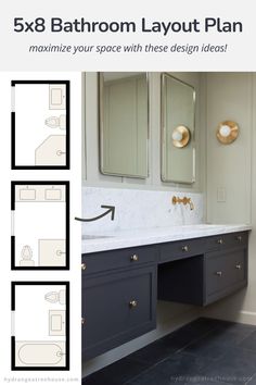 the bathroom layout is shown in black and white, with gold accents on the cabinets