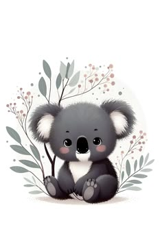 a cute little koala bear sitting on top of a leafy branch with leaves around it