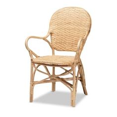 a wicker chair with arm rests on an isolated white background