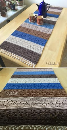 the table runner is made out of yarn and crocheted with two different colors