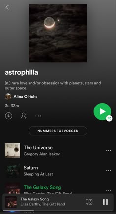 an iphone screen showing the music player's playlist for astrophiia, which is