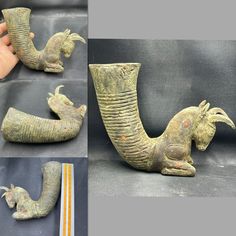 several pictures of an old pipe with animals on it