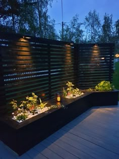 an outdoor garden with plants and lights on the side of a fenced in area