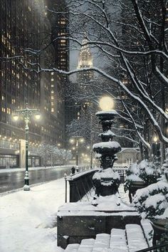 a snowy night in new york city framed art print by james farnsworth, 16 x 20