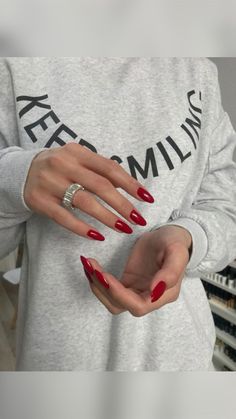 Winter Red Nails 2022, Red Nails For Light Skin, Sold Nail Colors, Ruby Red Almond Nails, Fall Red Almond Nails, Fall Nail Designs Red, Oval Red Nails, Red Trendy Nails, Fall Acrylic Nails Almond