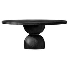 an oval table with black wood grained finish on the top and base, against a white background