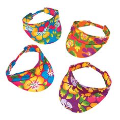 four bandanas are shown in different colors and designs, one is multicolored