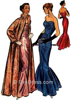 two women in evening gowns, one is wearing a jacket and the other has a dress