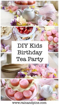 kids birthday tea party with pink cupcakes and flowers