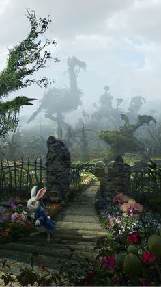 A promotional picture of the White Rabbit standing in an ominous garden in Wonderland. White Rabbit Wonderland, Rabbit Wonderland, Alice In Wonderland 2010, Alice In Wonderland Garden, Wonderland Garden, Rabbit Wallpaper, Tim Burton Art, Alice Madness Returns